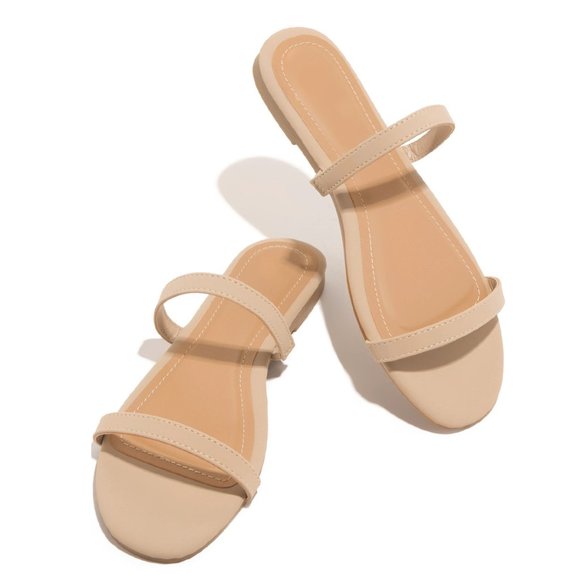 NEW🔥 Nude Double Strap Open Toe Slide Flat Sandal Flip Flops - Picture 3 of 5